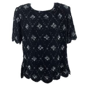 Stenay Vintage Black Silk Beaded Evening Short Sleeve Cocktail Formal Top L